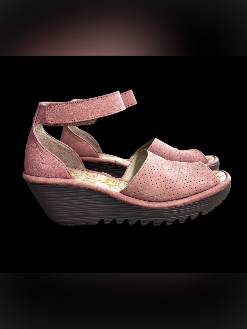 FLY London Yake Rose Perforated Leather Boho Wedge Women Sandals Size 9